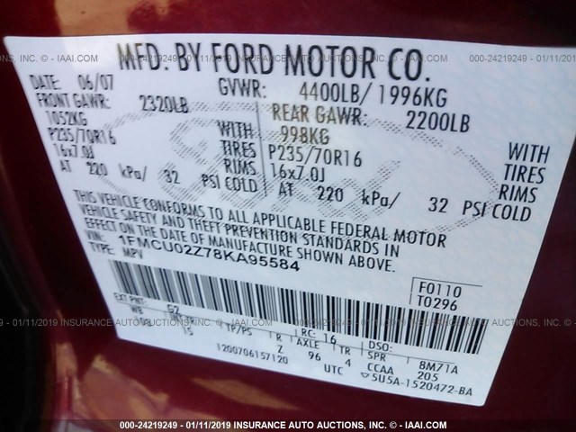 1FMCU02Z78KA95584 - 2008 FORD ESCAPE XLS RED photo 9