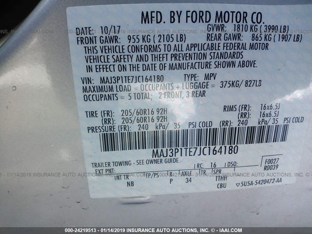 MAJ3P1TE7JC164180 - 2018 FORD ECOSPORT SE SILVER photo 9