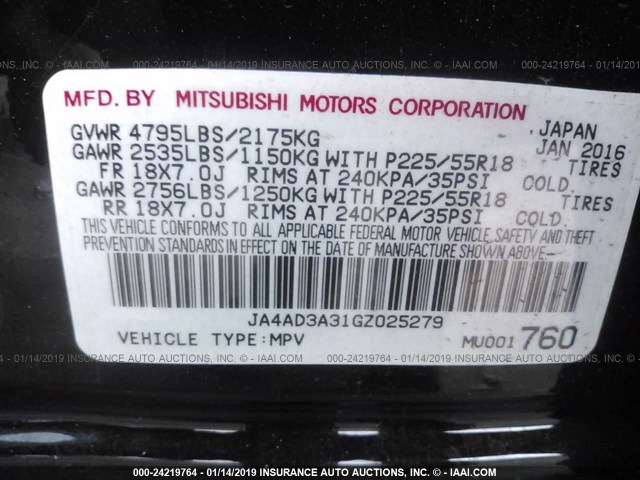 JA4AD3A31GZ025279 - 2016 MITSUBISHI OUTLANDER SE/SEL BLACK photo 9