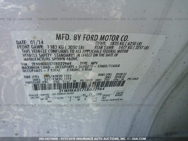 2FMHK6DT7EBD22964 - 2014 FORD FLEX LIMITED WHITE photo 9