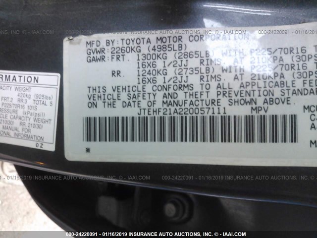 JTEHF21A220057111 - 2002 TOYOTA HIGHLANDER LIMITED BLUE photo 9