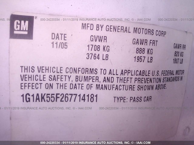 1G1AK55F267714181 - 2006 CHEVROLET COBALT LS WHITE photo 9