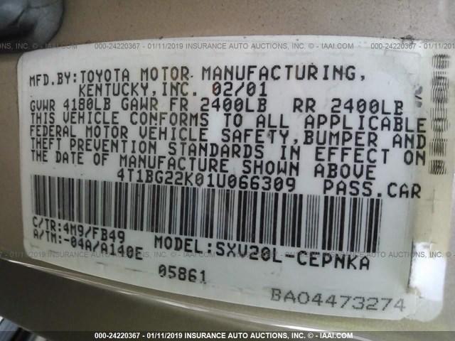 4T1BG22K01U066309 - 2001 TOYOTA CAMRY CE/LE/XLE GOLD photo 9