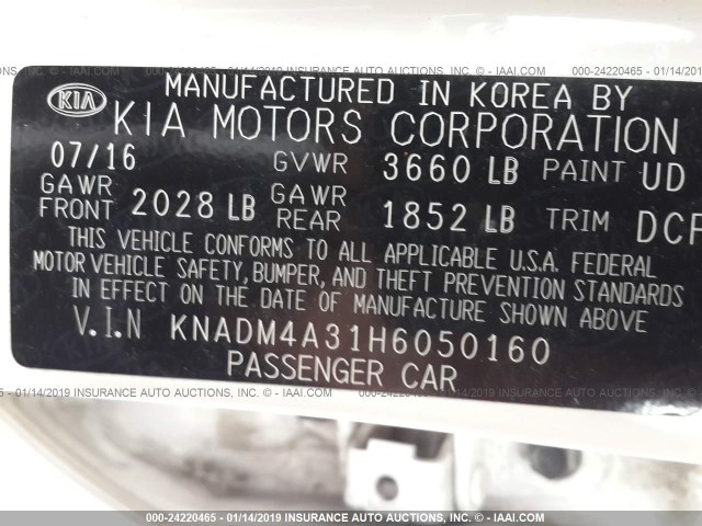 KNADM4A31H6050160 - 2017 KIA RIO LX WHITE photo 9