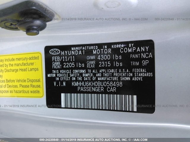 KMHHU6KH0BU058498 - 2011 HYUNDAI GENESIS COUPE 3.8L SILVER photo 9