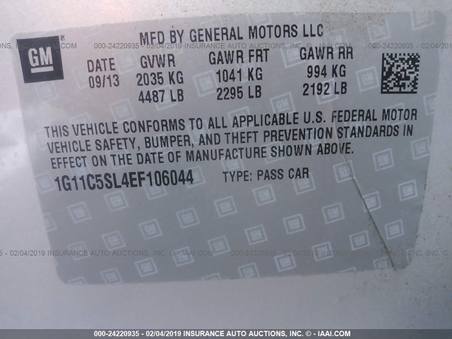 1G11C5SL4EF106044 - 2014 CHEVROLET MALIBU 1LT GRAY photo 9