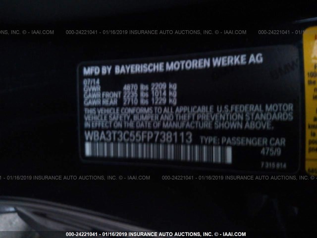 WBA3T3C55FP738113 - 2015 BMW 435 I BLACK photo 9