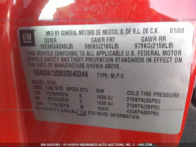 3GNDA13DX8S640344 - 2008 CHEVROLET HHR LS Rojo foto 9
