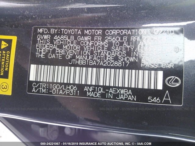 JTHBB1BA7A2028817 - 2010 LEXUS HS 250H BLACK photo 9