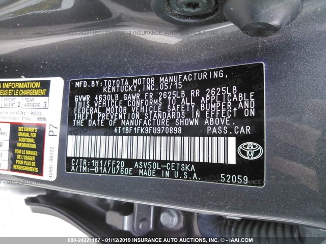 4T1BF1FK9FU970898 - 2015 TOYOTA CAMRY LE/XLE/SE/XSE GRAY photo 9