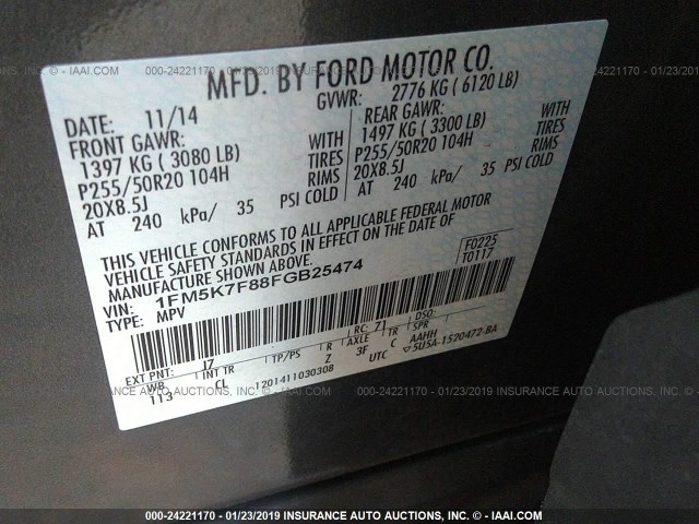 1FM5K7F88FGB25474 - 2015 FORD EXPLORER LIMITED GRAY photo 9