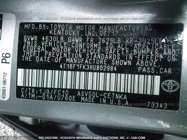 4T1BF1FK3HU802984 - 2017 TOYOTA CAMRY LE/XLE/SE/XSE 灰色 照片 9