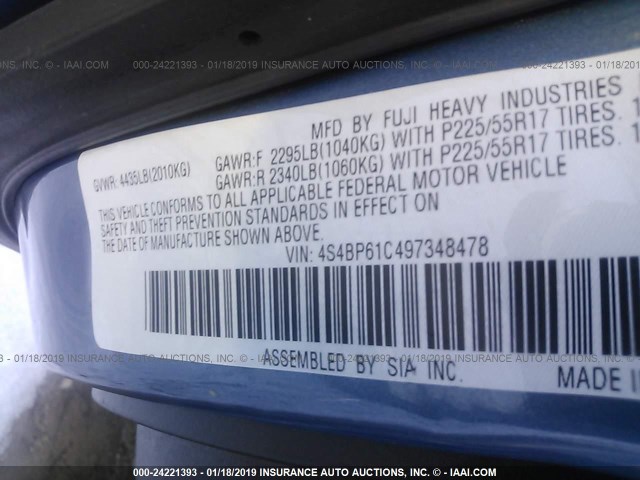 4S4BP61C497348478 - 2009 SUBARU OUTBACK 2.5I BLUE photo 9