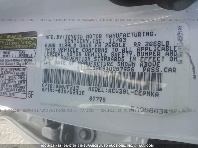 4T1BE32K94U287956 - 2004 TOYOTA CAMRY LE/XLE/SE WHITE photo 9