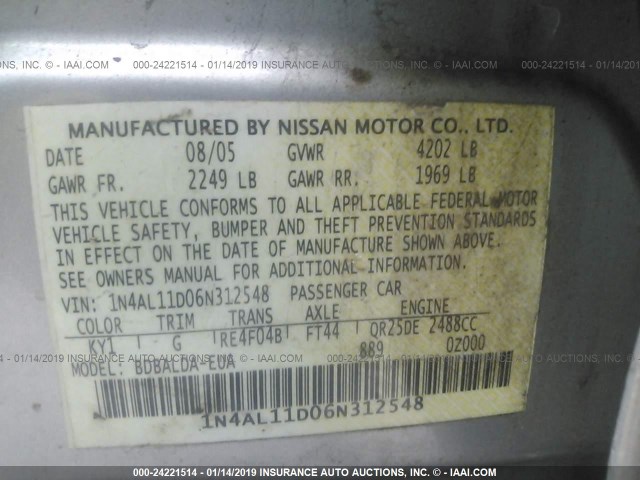 1N4AL11D06N312548 - 2006 NISSAN ALTIMA S/SL SILVER photo 9