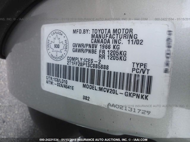 2T1FF28P13C885888 - 2003 TOYOTA CAMRY SOLARA SE/SLE SILVER photo 9