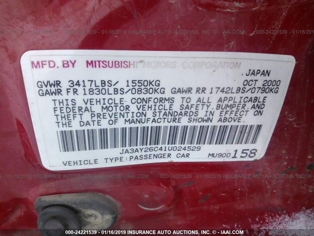 JA3AY26C41U024529 - 2001 MITSUBISHI MIRAGE ES RED photo 9