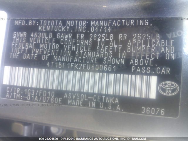 4T1BF1FK2EU400661 - 2014 TOYOTA CAMRY L/SE/LE/XLE 灰色 照片 9