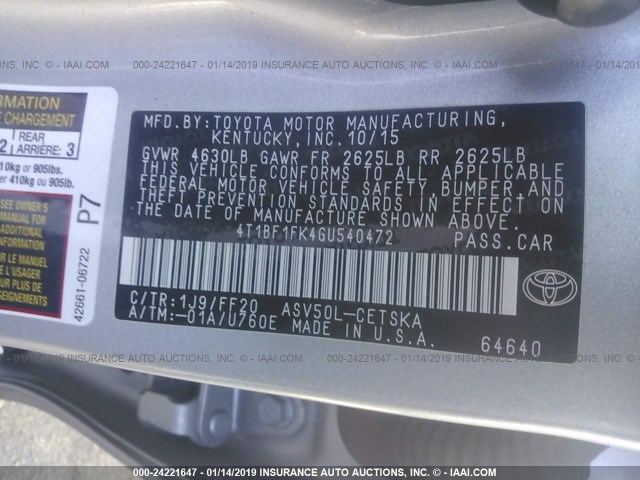 4T1BF1FK4GU540472 - 2016 TOYOTA CAMRY LE/XLE/SE/XSE SILVER photo 9