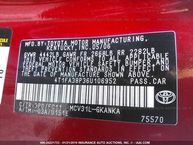 4T1FA38P36U106952 - 2006 TOYOTA CAMRY SOLARA SE/SLE RED photo 9