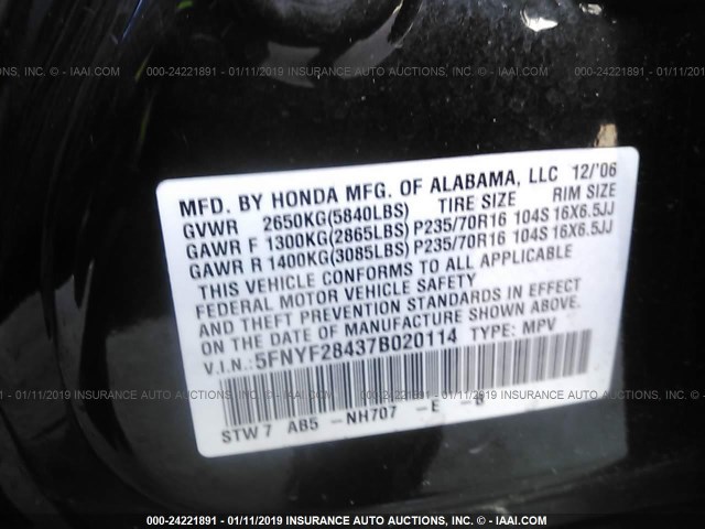 5FNYF28437B020114 - 2007 HONDA PILOT EX BLACK photo 9