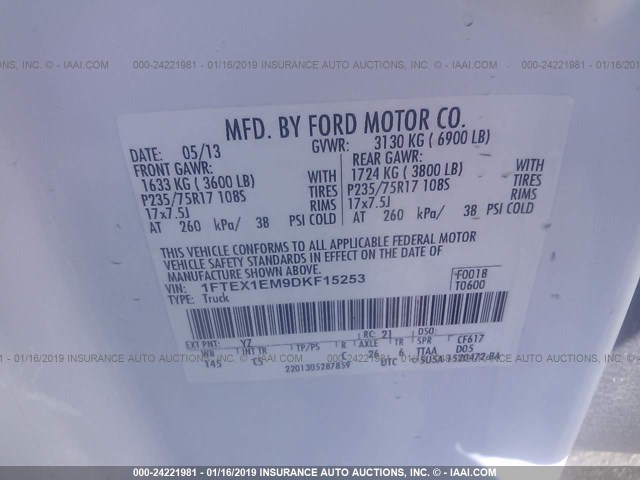 1FTEX1EM9DKF15253 - 2013 FORD F150 SUPER CAB WHITE photo 9