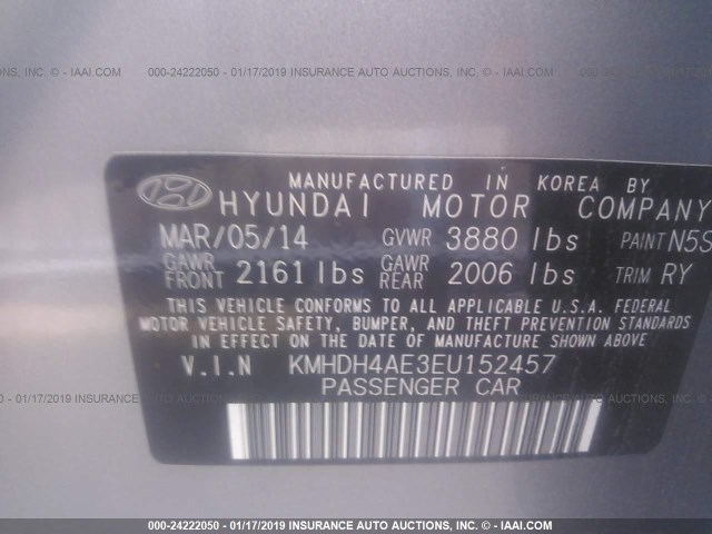 KMHDH4AE3EU152457 - 2014 HYUNDAI ELANTRA SE/SPORT/LIMITED GRAY photo 9