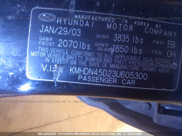 KMHDN45D23U605300 - 2003 HYUNDAI ELANTRA GLS/GT BLACK photo 9