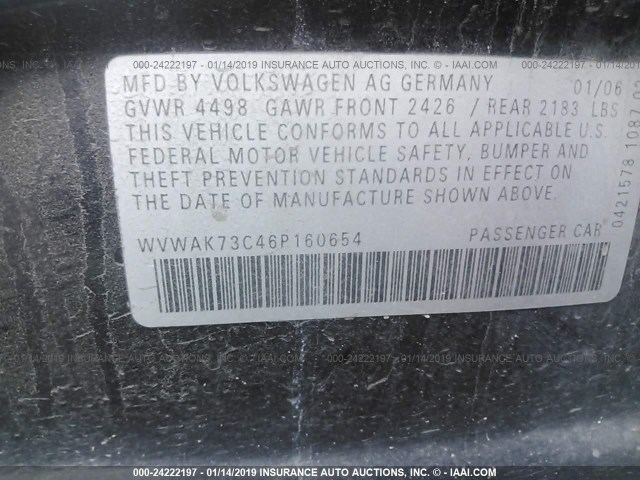 WVWAK73C46P160654 - 2006 VOLKSWAGEN PASSAT 2.0T/2.0T VALUE BLACK photo 9