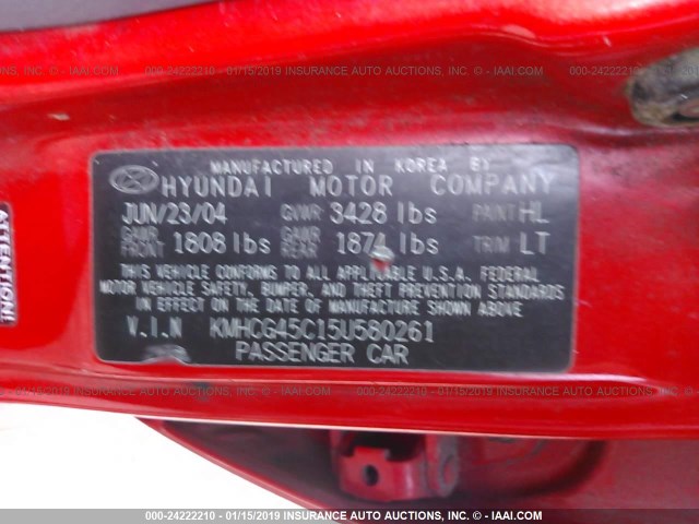 KMHCG45C15U580261 - 2005 HYUNDAI ACCENT GL RED photo 9