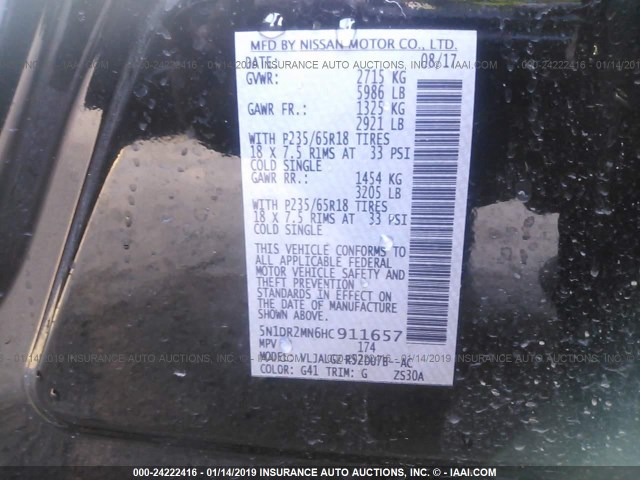 5N1DR2MN6HC911657 - 2017 NISSAN PATHFINDER S/SV/SL/PLATINUM BLACK photo 9