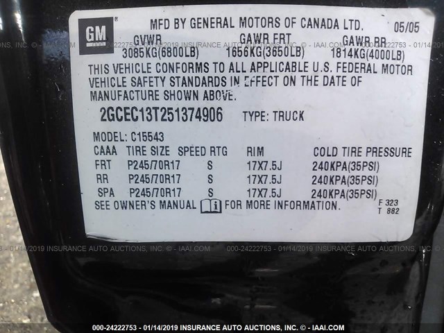 2GCEC13T251374906 - 2005 CHEVROLET SILVERADO C1500 GRAY photo 9