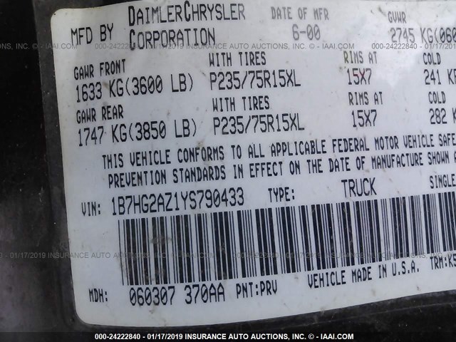 1B7HG2AZ1YS790433 - 2000 DODGE DAKOTA QUAD MAROON photo 9