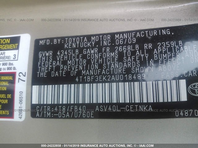 4T1BF3EK2AU018489 - 2010 TOYOTA CAMRY SE/LE/XLE 米色 照片 9