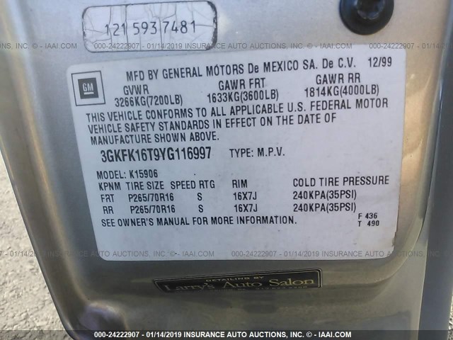 3GKFK16T9YG116997 - 2000 GMC YUKON XL K1500 BEIGE photo 9