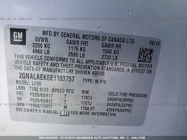 2GNALAEK6E1183757 - 2014 CHEVROLET EQUINOX LS GRAY photo 9