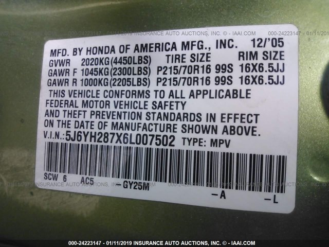 5J6YH287X6L007502 - 2006 HONDA ELEMENT EX GREEN photo 9