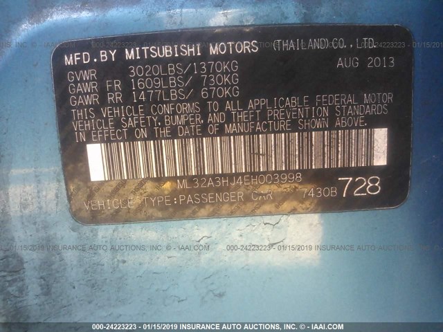ML32A3HJ4EH003998 - 2014 MITSUBISHI MIRAGE DE BLUE photo 9