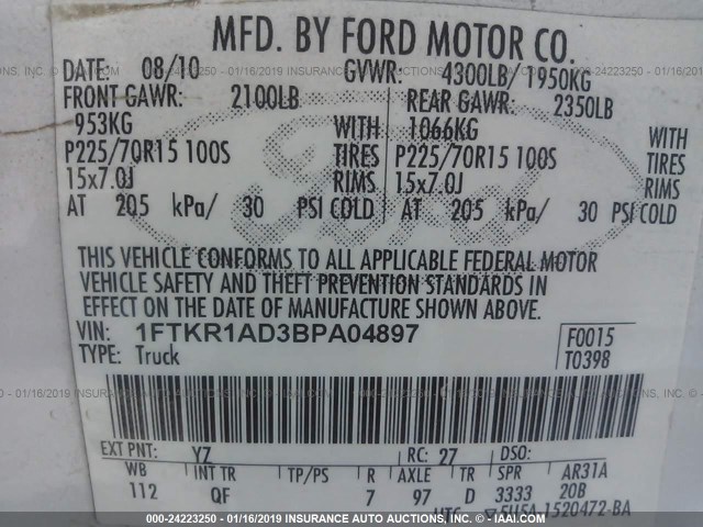 1FTKR1AD3BPA04897 - 2011 FORD RANGER WHITE photo 9