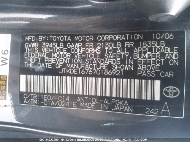 JTKDE167670186921 - 2007 TOYOTA SCION TC 灰色 照片 9