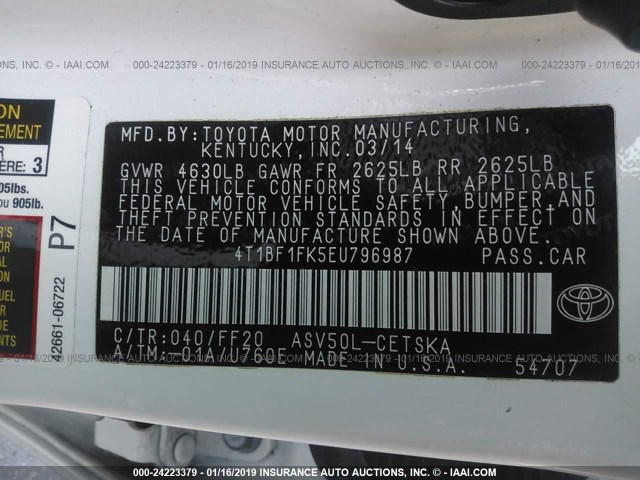 4T1BF1FK5EU796987 - 2014 TOYOTA CAMRY L/SE/LE/XLE 白色 照片 9