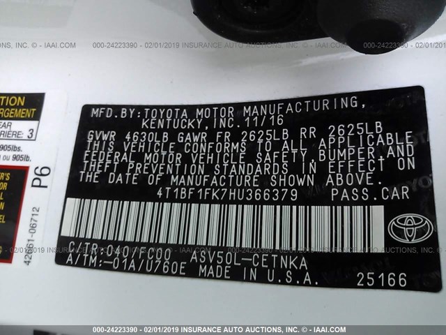 4T1BF1FK7HU366379 - 2017 TOYOTA CAMRY LE/XLE/SE/XSE WHITE photo 9