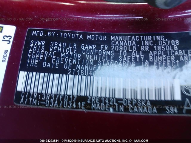 2T1BU40E59C048645 - 2009 TOYOTA COROLLA S/LE/XLE RED photo 9