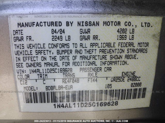 1N4AL11D25C169628 - 2005 NISSAN ALTIMA S/SL GOLD photo 9