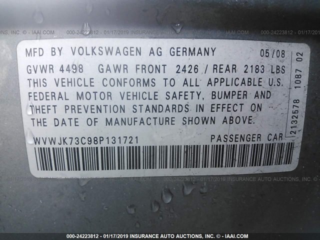 WVWJK73C98P131721 - 2008 VOLKSWAGEN PASSAT TURBO GRAY photo 9