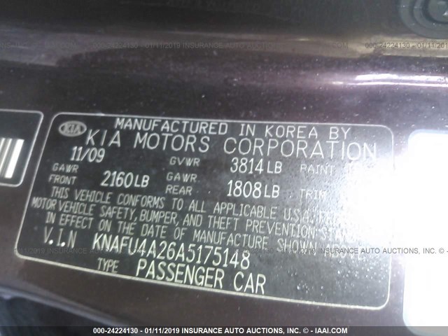 KNAFU4A26A5175148 - 2010 KIA FORTE EX MAROON photo 9