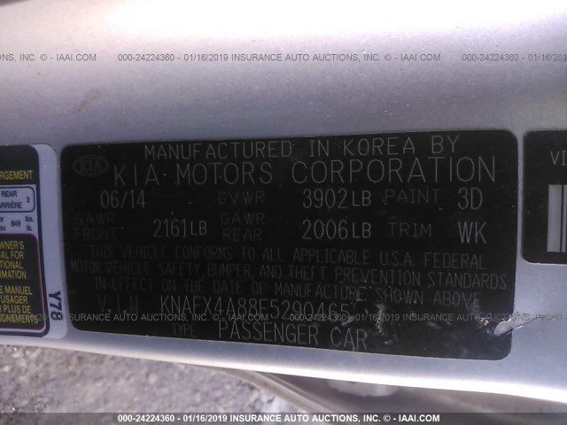 KNAFX4A88F5290465 - 2015 KIA FORTE EX SILVER photo 9