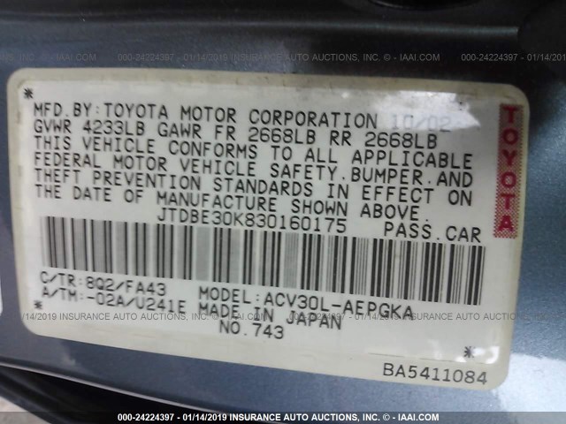 JTDBE30K830160175 - 2003 TOYOTA CAMRY LE/XLE Blau Foto 9