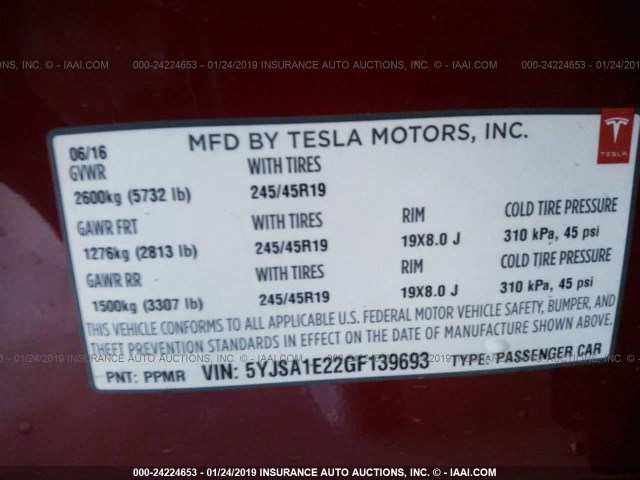 5YJSA1E22GF139693 - 2016 TESLA MODEL S RED photo 9