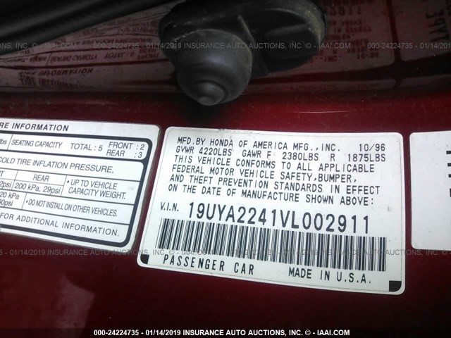 19UYA2241VL002911 - 1997 ACURA 3.0CL RED photo 9